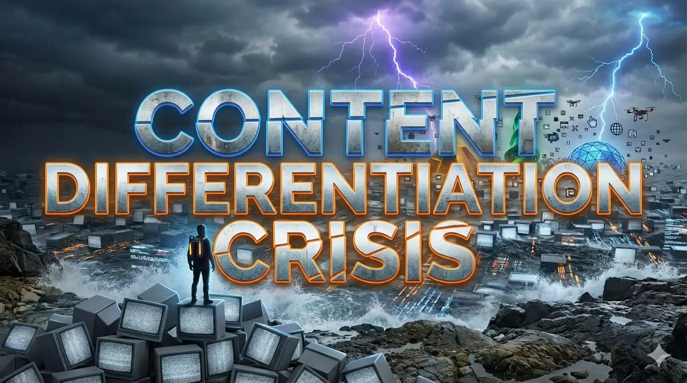 Dramatic image showing "Content Differentiation Crisis" with storm clouds & tech icons, illustrating the intense competition for online content and web presence.