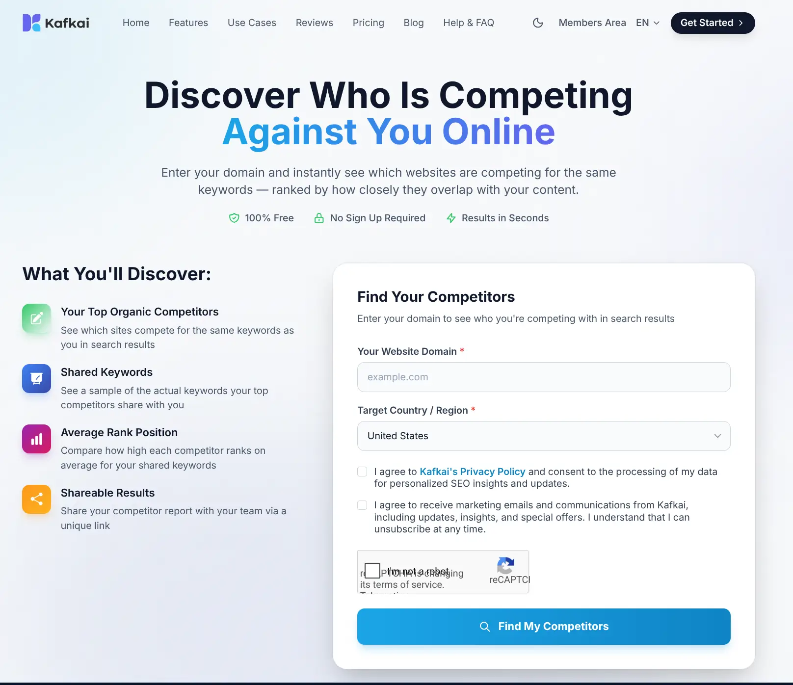 Screenshot of Kafkai website offering competition analysis tool with a search form to discover competing websites based on domain and region.