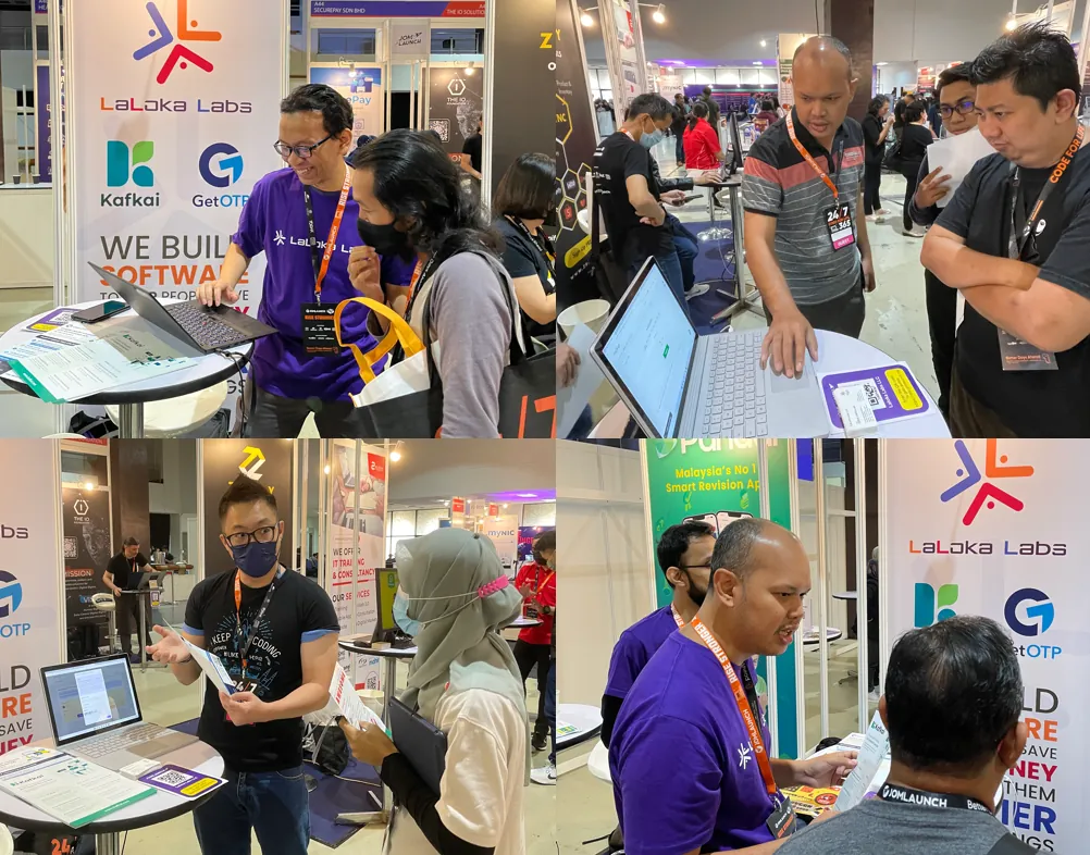 Photo collage of LaLoka Labs team at a tradeshow during the JOMLAUNCH 2022, interacting with visitors and showcasing software on laptops.