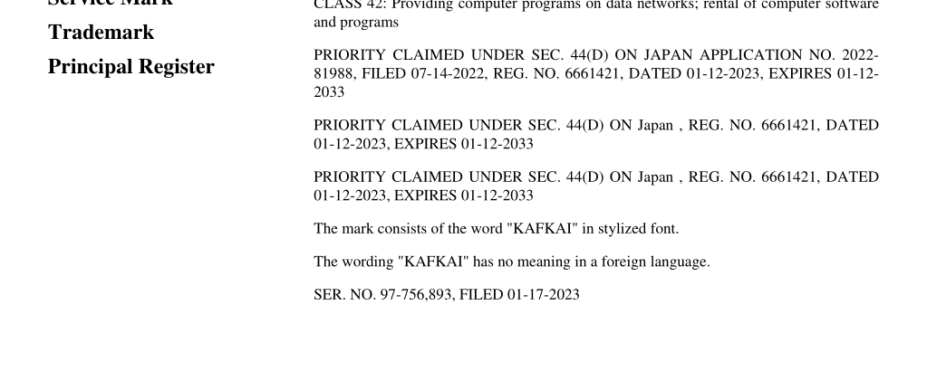 【商標登録】「ＫＡＦＫＡＩⓇ」（カフカイ）in US